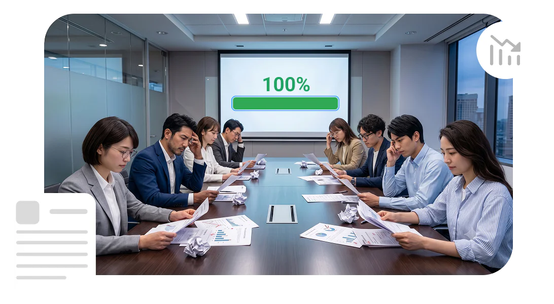 冷色调会议室里多位管理者围坐长桌审阅报告，投影大屏上是一条满格的完课进度条，桌面上的业务报表却停在原地