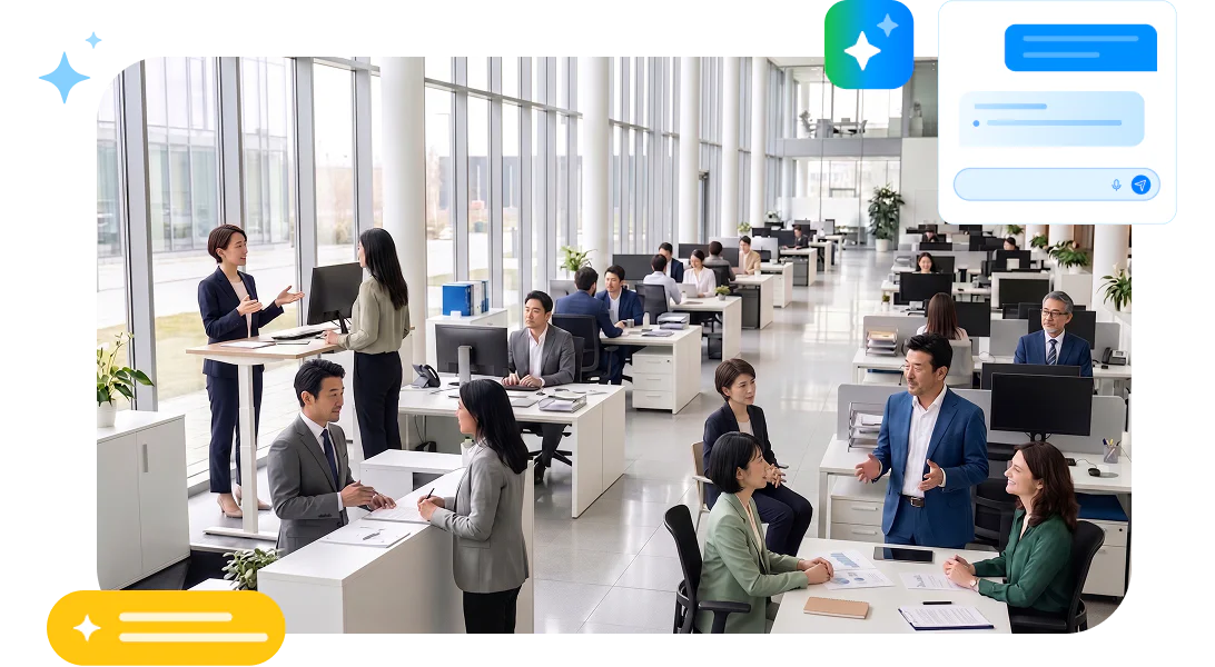 同一间开放办公区光线明亮，多排不同区域的员工在各自工位上与客户沟通，姿态一致、工作节奏平稳