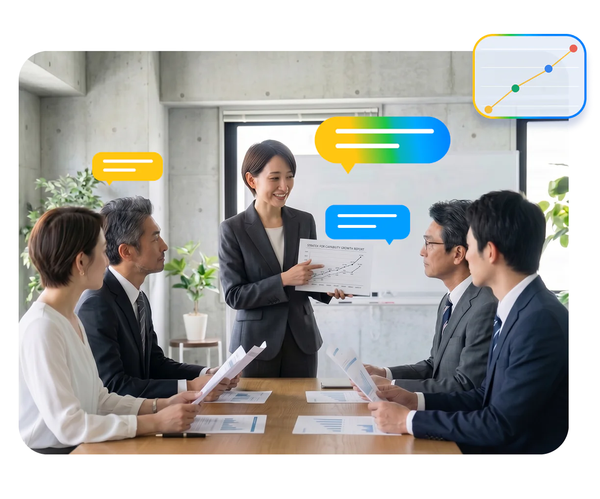 培训负责人向高管团队演示结构化能力增长报告，用数据证明培训 ROI 与业绩转化